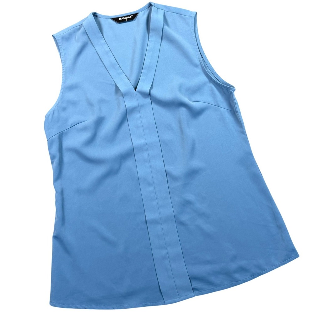 Allegra K Sleeveless Blouse Womens Small Blue Pleated‎ Front Work Office Top